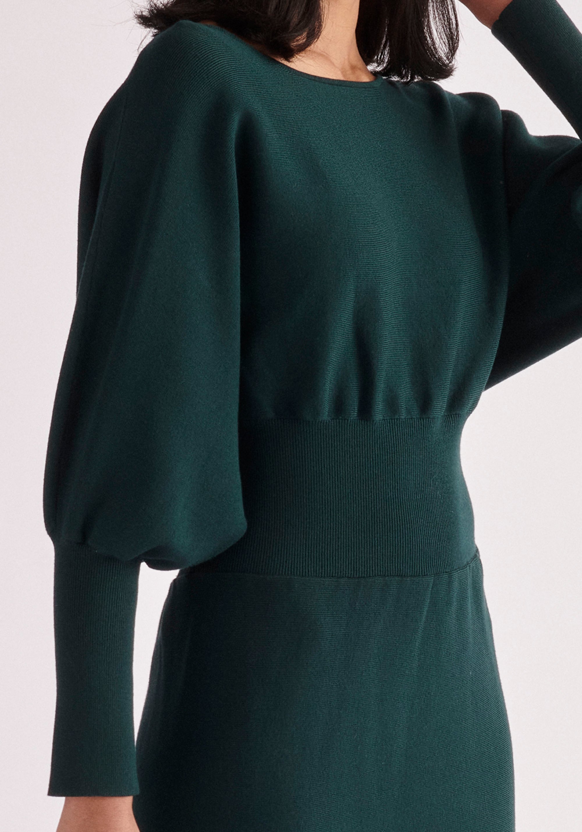 Paisie Balloon Sleeve Knitted Dress in Dark Green Close Up