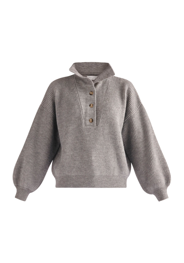 Paisie Button Neck Jumper in Light Grey Cut Out