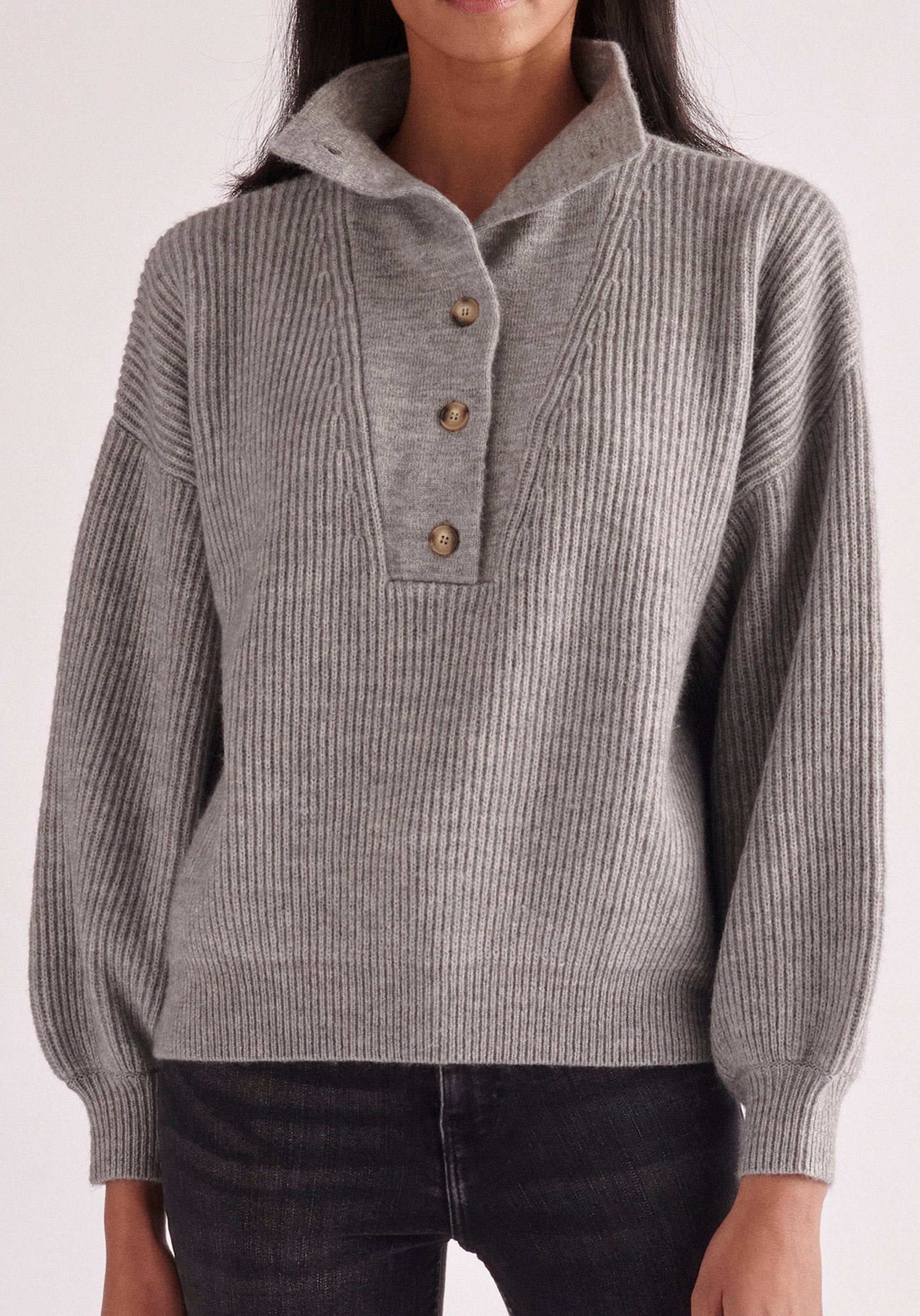 Paisie Button Neck Jumper in Light Grey Close Up