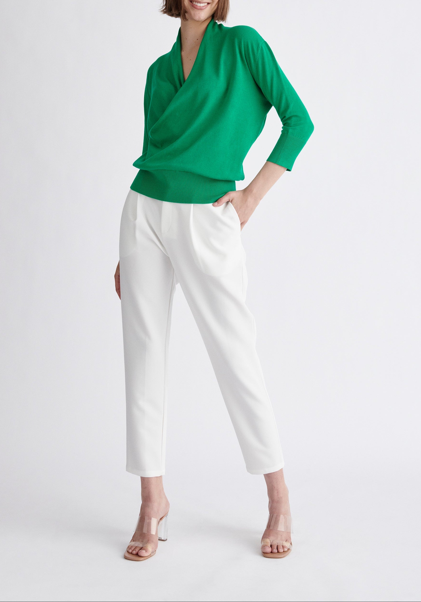 Paisie Cropped Sleeve Knitted Wrap Top in Green