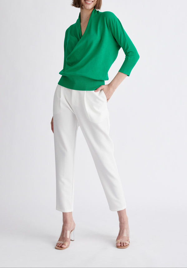 Paisie Cropped Sleeve Knitted Wrap Top in Green
