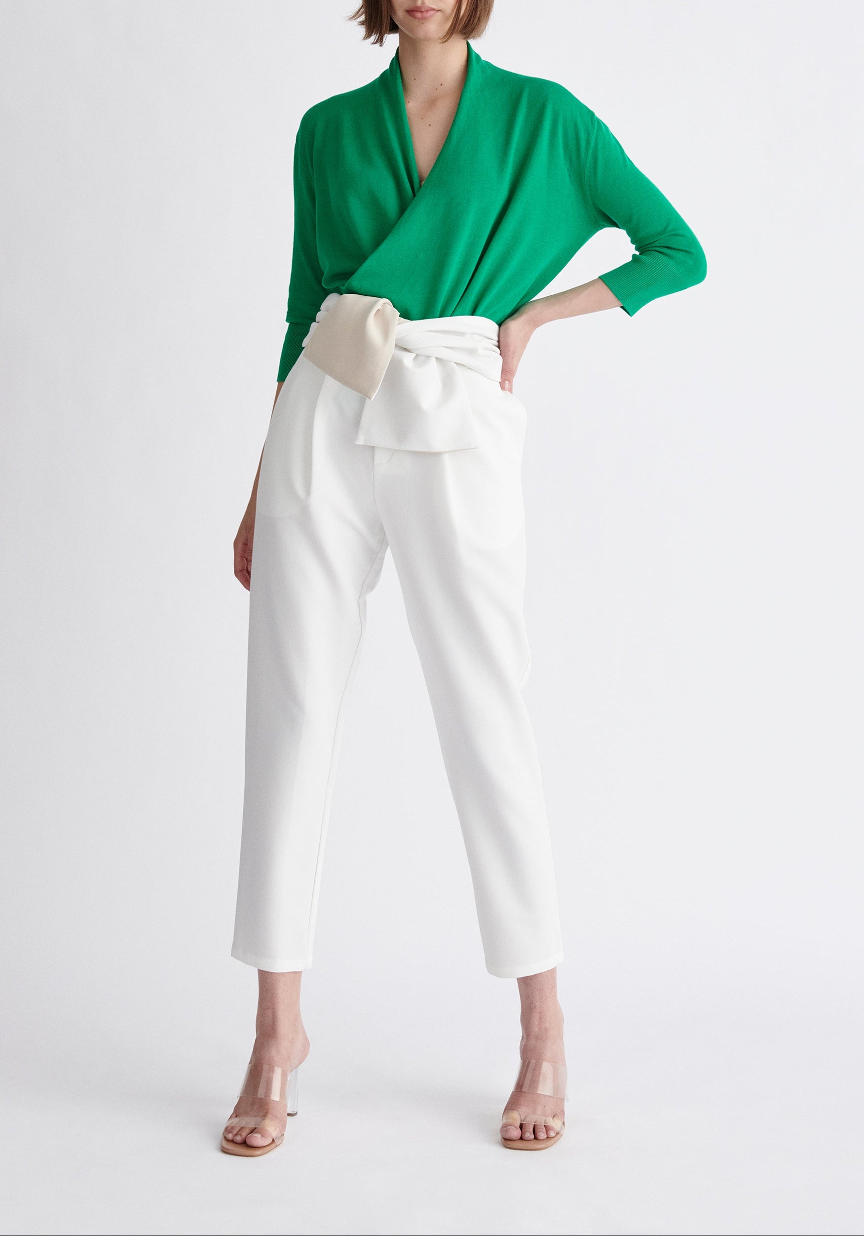 Paisie Cropped Sleeve Knitted Wrap Top in Green