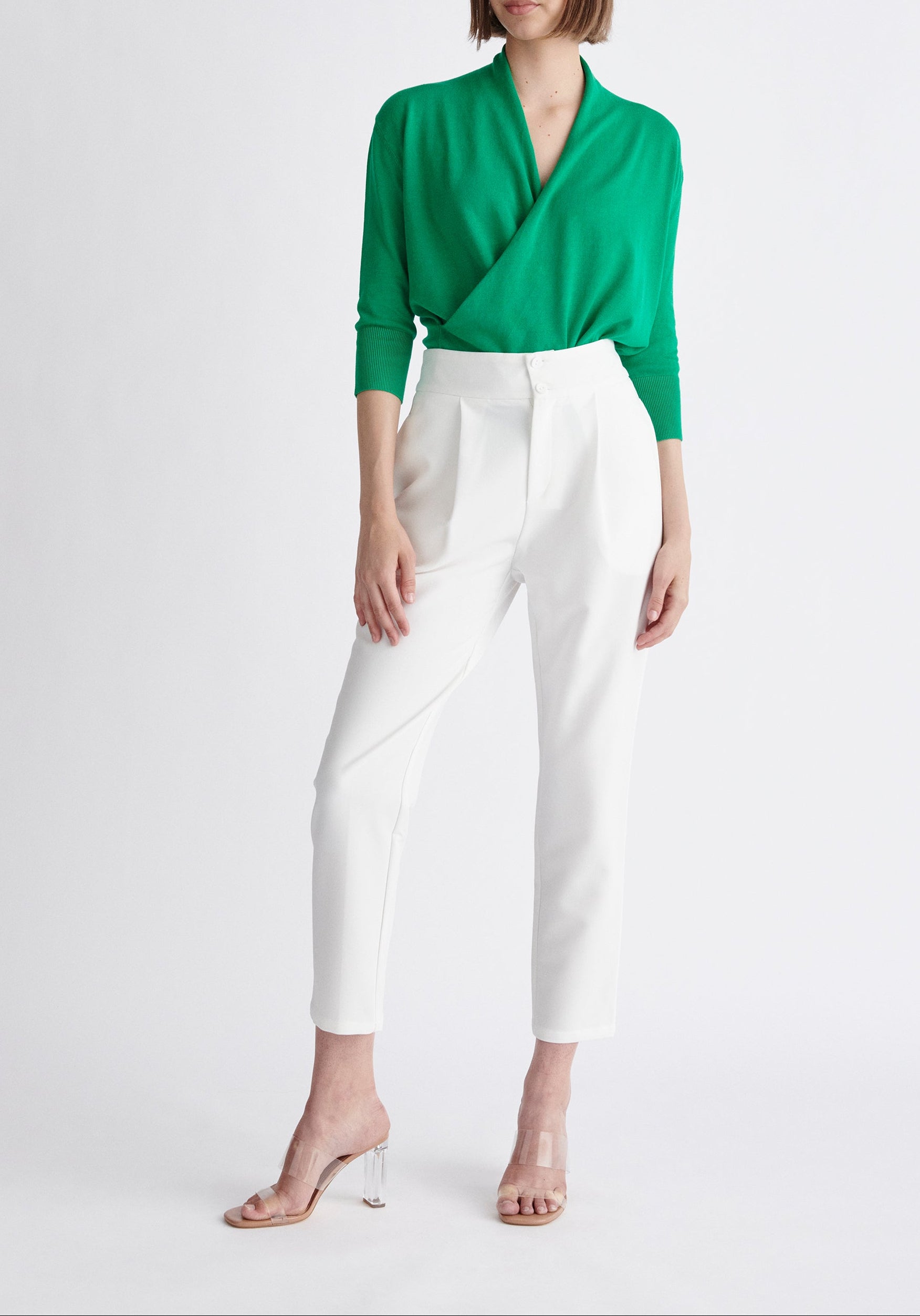 Paisie Cropped Sleeve Knitted Wrap Top in Green