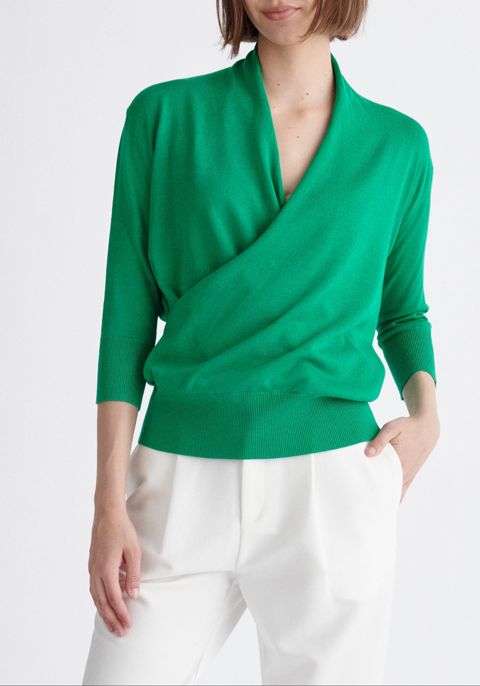 Paisie Cropped Sleeve Knitted Wrap Top in Green