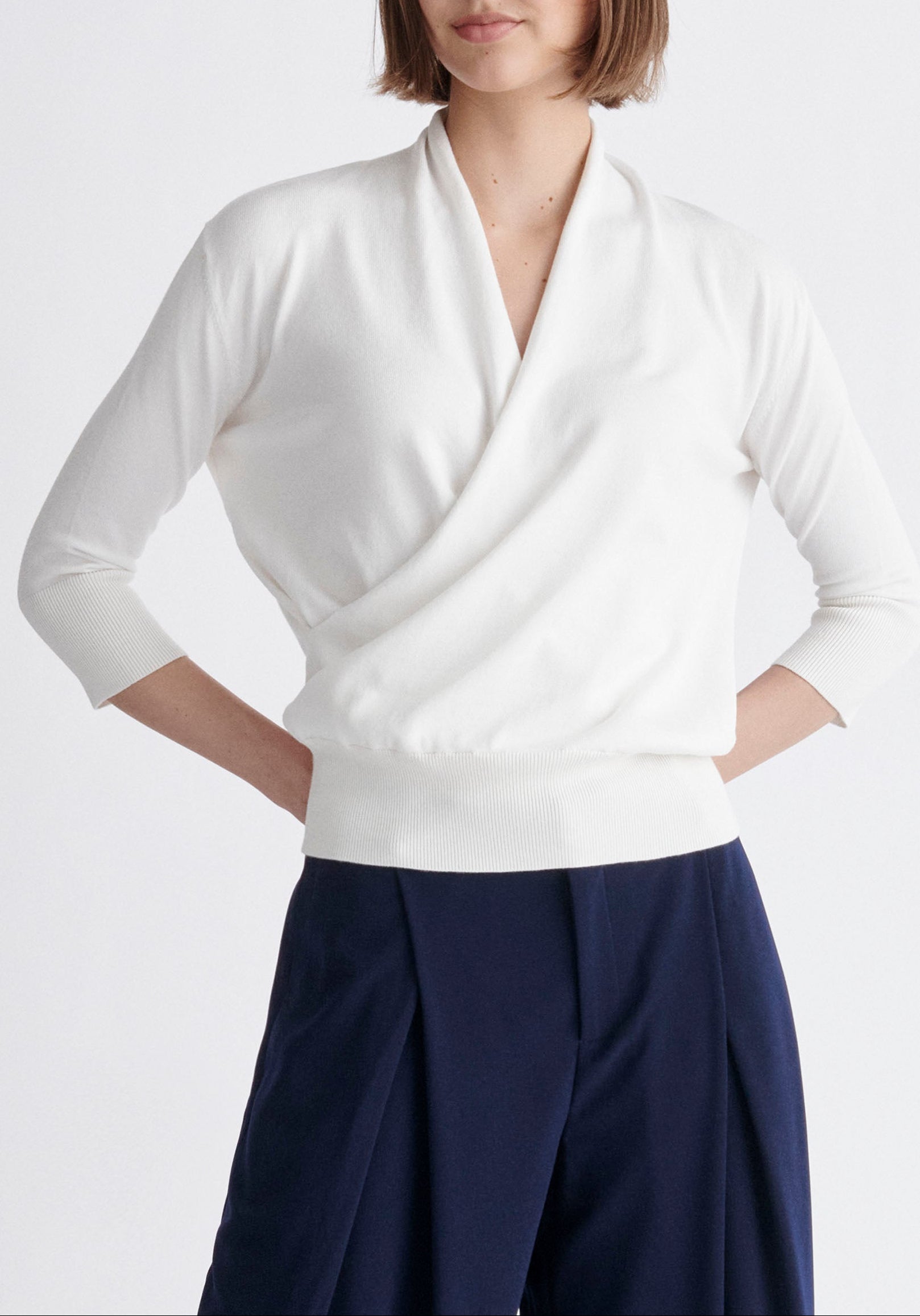 Paisie Cropped Sleeve Knitted Wrap Top in White