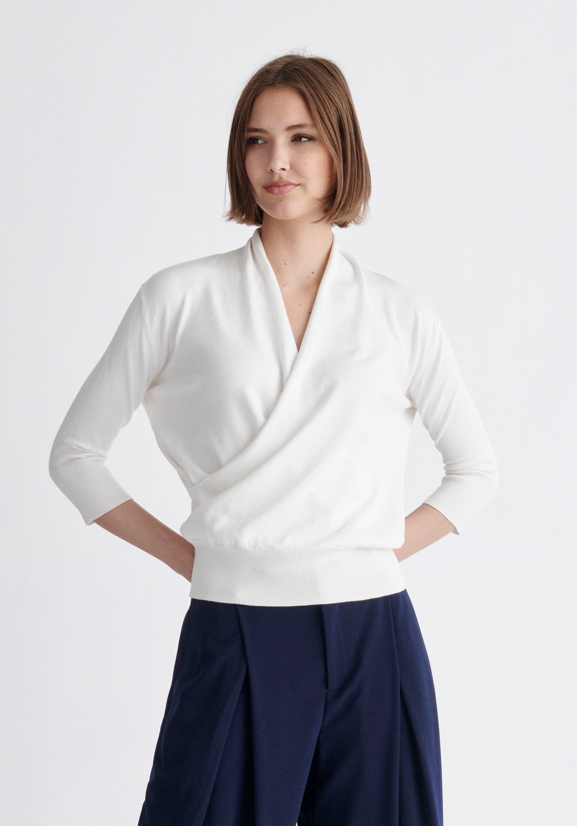 Paisie Cropped Sleeve Knitted Wrap Top in White