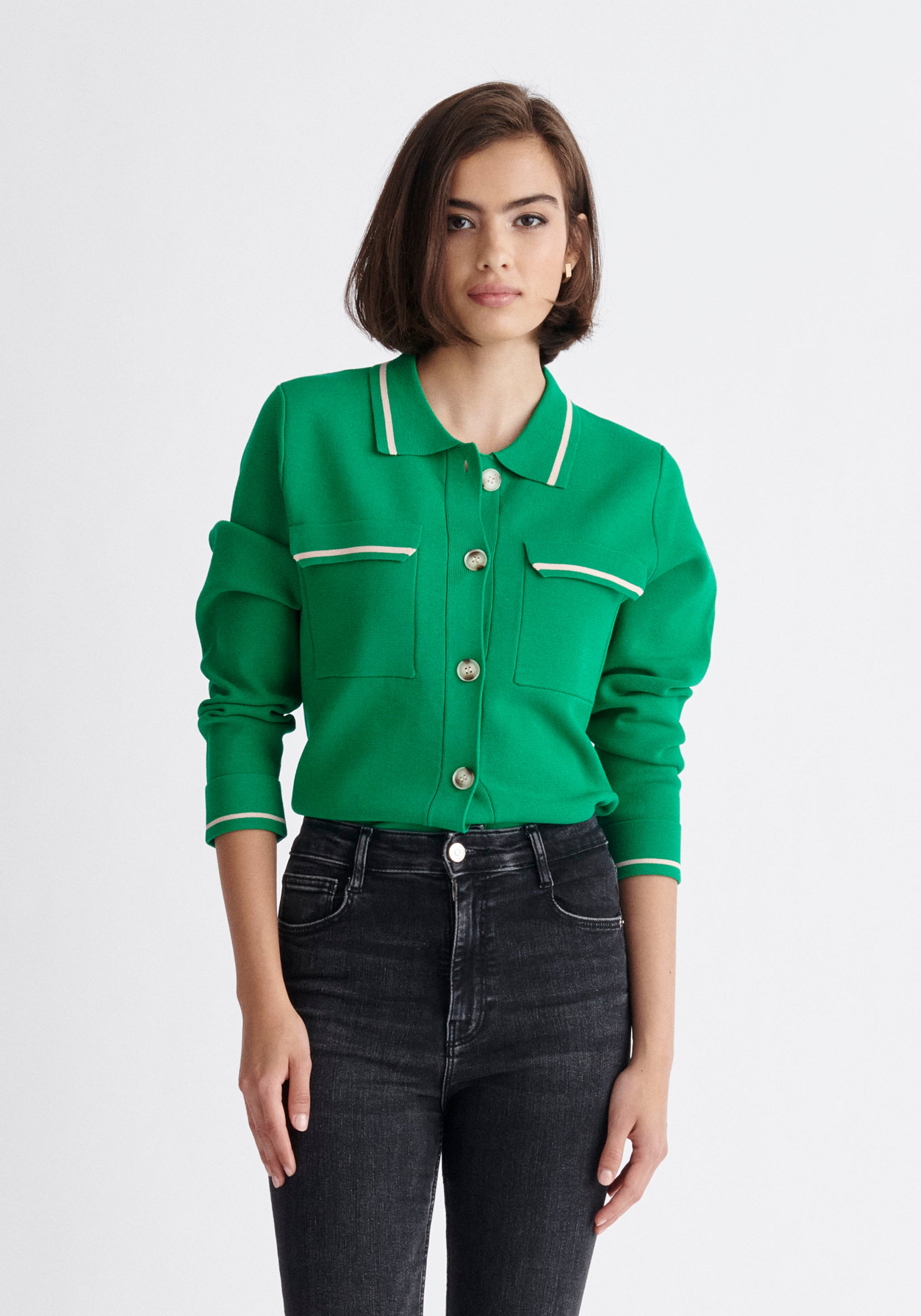 Paisie Contrast Detail Top in Green and White