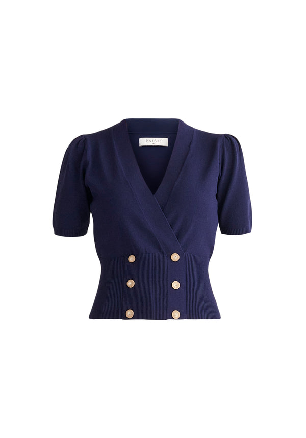Paisie Short Sleeve Knitted Button Wrap Top in Navy Cut Out