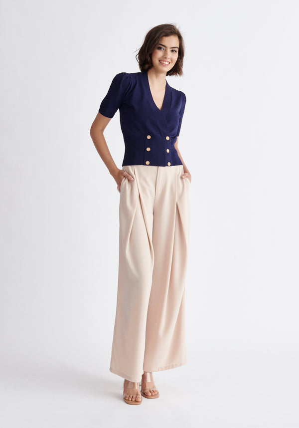 Paisie Short Sleeve Knitted Button Wrap Top in Navy