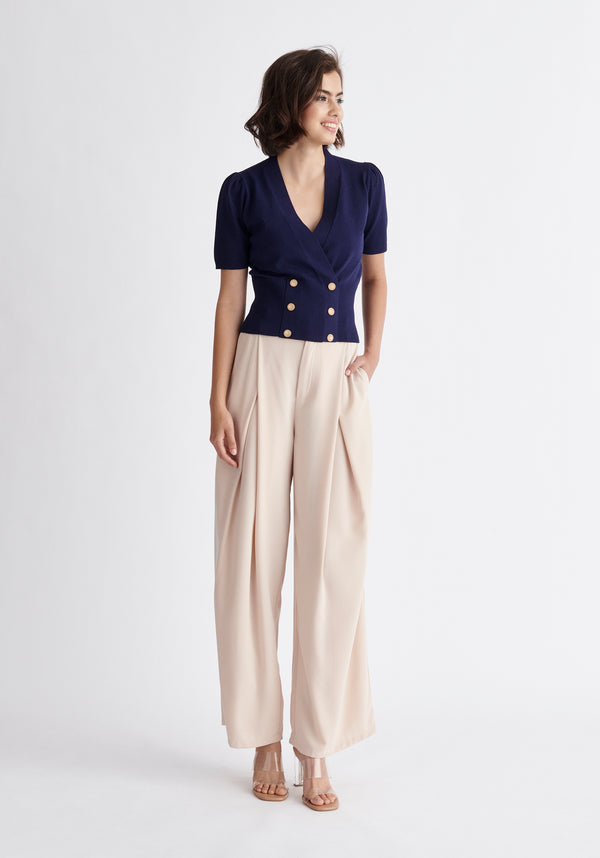 Paisie Short Sleeve Knitted Button Wrap Top in Navy