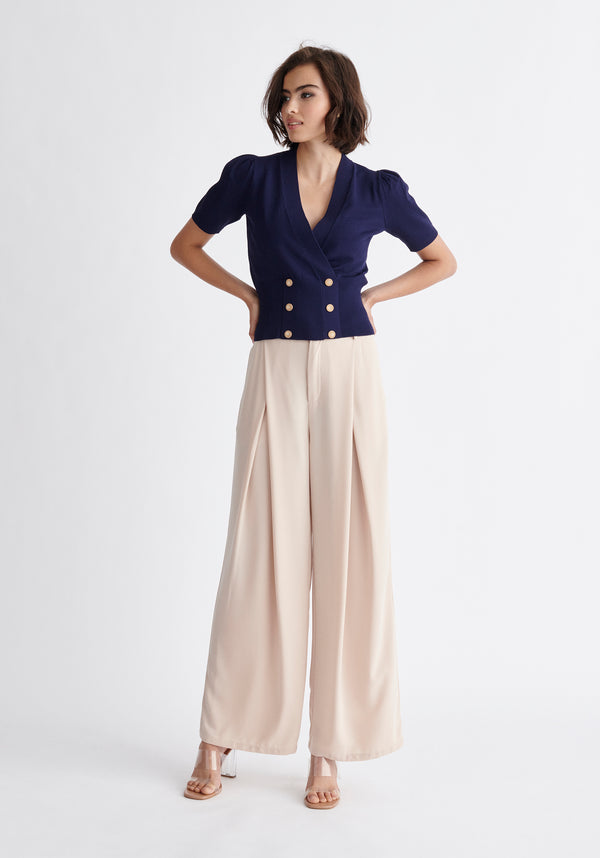 Paisie Short Sleeve Knitted Button Wrap Top in Navy