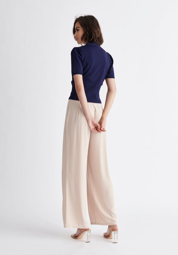 Paisie Short Sleeve Knitted Button Wrap Top in Navy Back