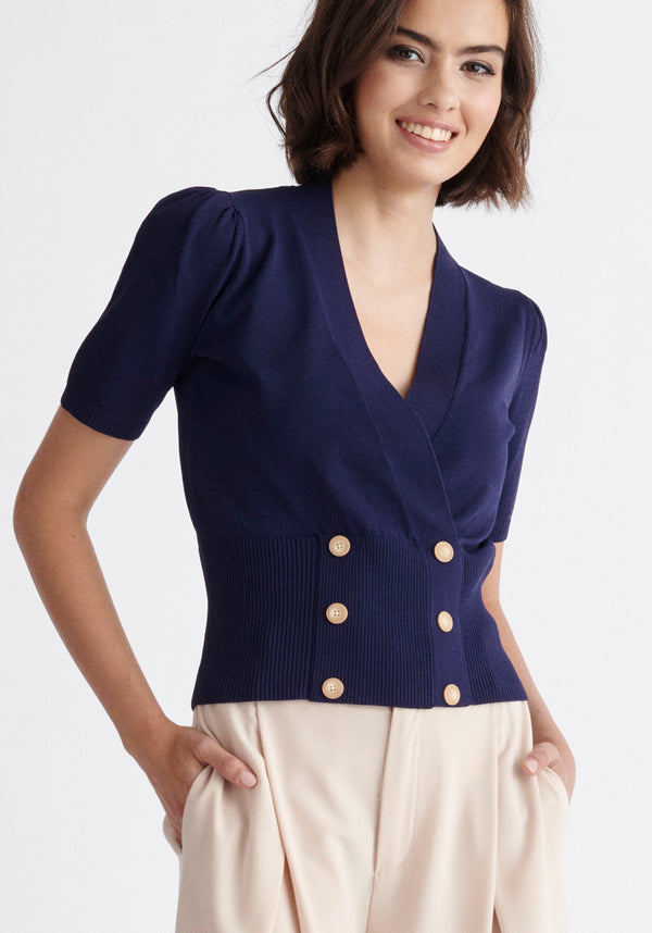 Paisie Short Sleeve Knitted Button Wrap Top in Navy Close Up