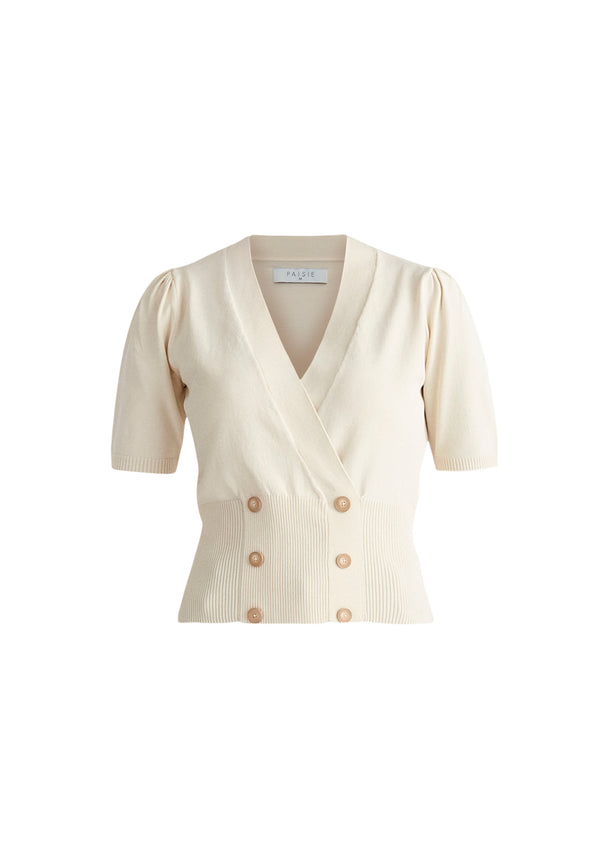Paisie Short Sleeve Knitted Button Wrap Top in Cream Cut Out