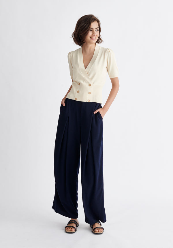 Paisie Short Sleeve Knitted Button Wrap Top in Cream