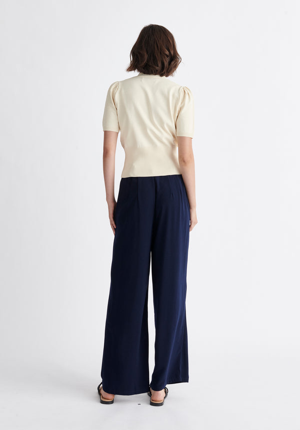 Paisie Short Sleeve Knitted Button Wrap Top in Cream Back