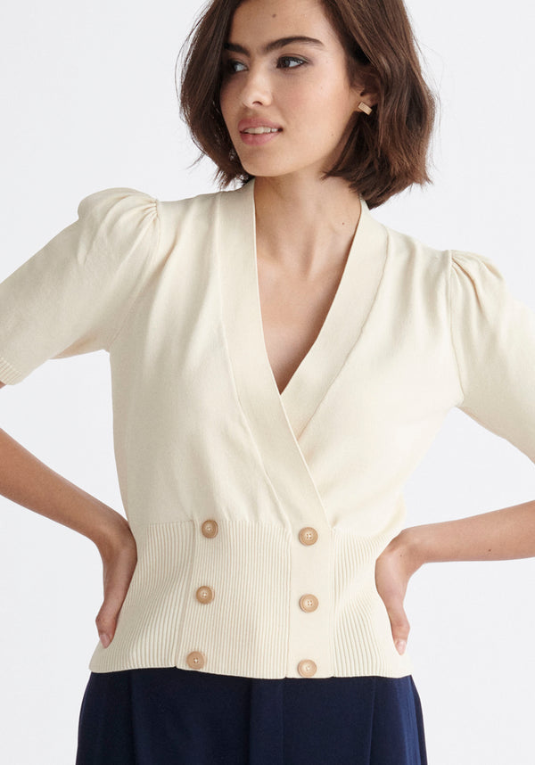 Paisie Short Sleeve Knitted Button Wrap Top in Cream Close Up
