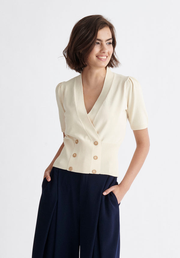 Paisie Short Sleeve Knitted Button Wrap Top in Cream
