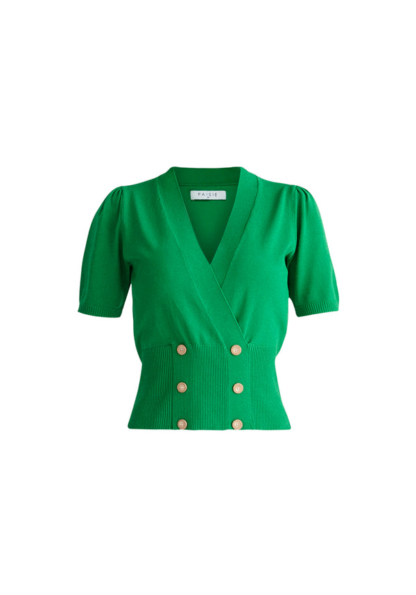 Paisie Short Sleeve Knitted Button Wrap Top in Green Cut Out