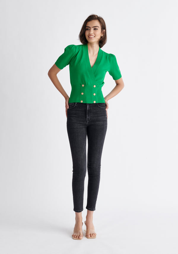 Paisie Short Sleeve Knitted Button Wrap Top in Green