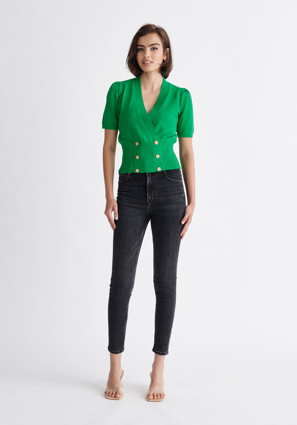 Paisie Short Sleeve Knitted Button Wrap Top in Green