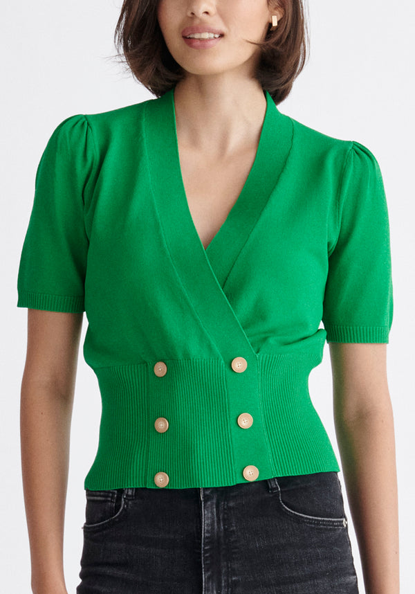 Paisie Short Sleeve Knitted Button Wrap Top in Green Close Up