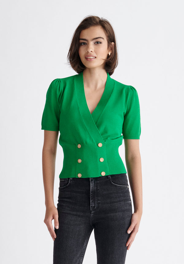 Paisie Short Sleeve Knitted Button Wrap Top in Green