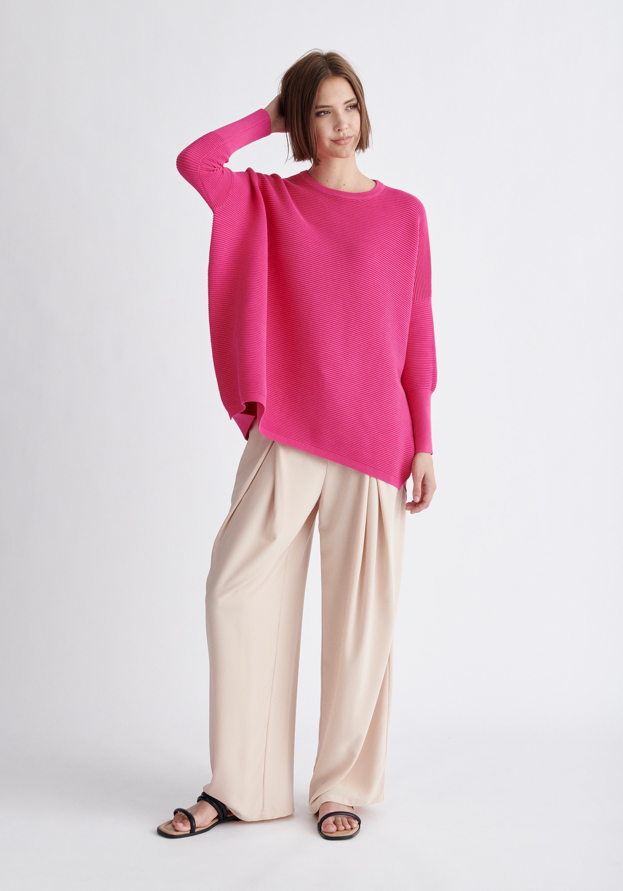 Paisie Ribbed Oversized Knit Jumper in Hot Pink