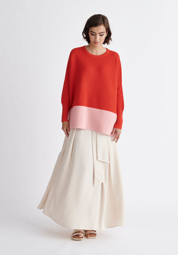 Paisie Ribbed Oversized Knit Jumper in Red and Pink