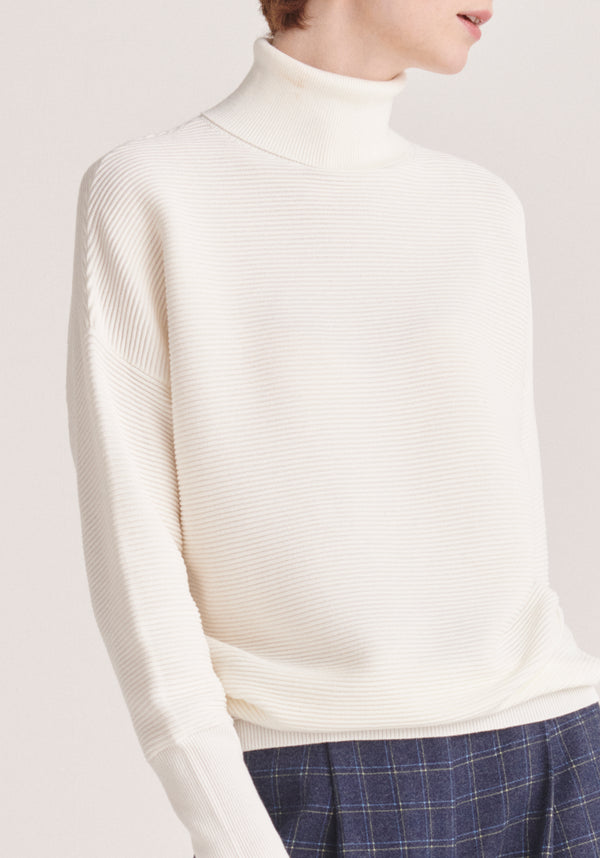 Paisie Roll Neck Ribbed Jumper in White Close Up