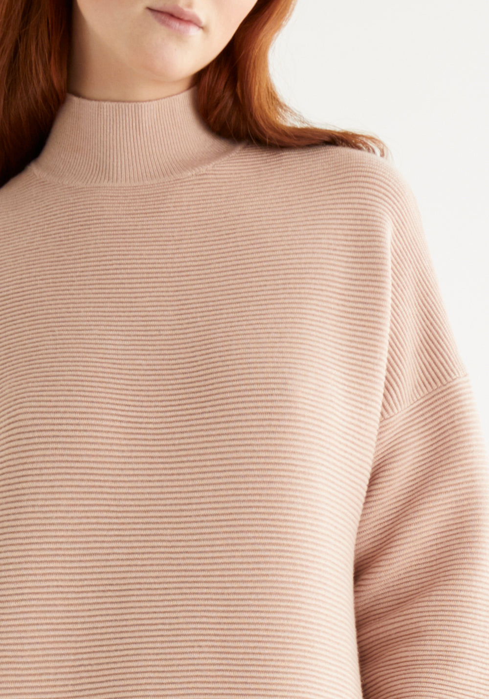 Paisie Polo Neck Ribbed Knitted Jumper Dress in Blush Close Up