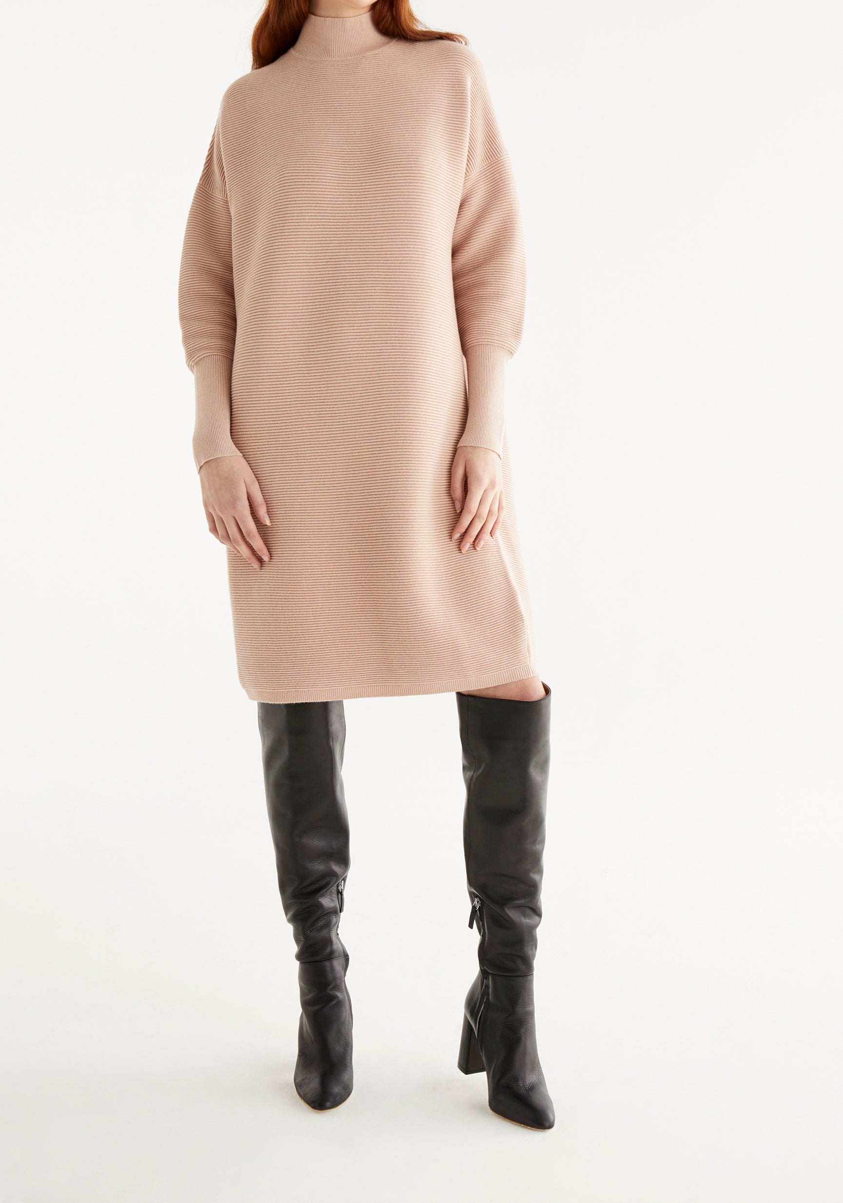 Paisie Polo Neck Ribbed Knitted Jumper Dress in Blush