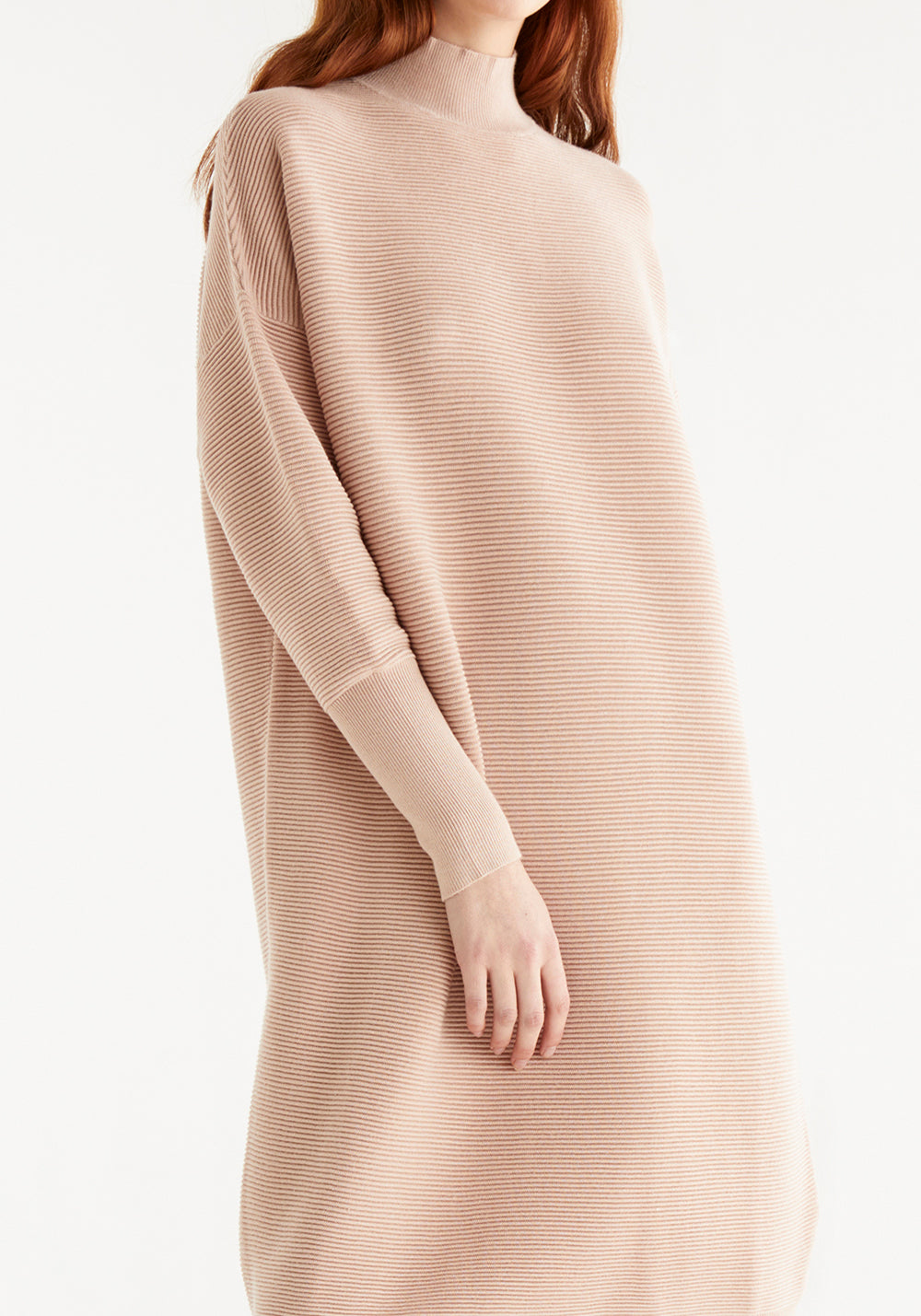 Paisie Polo Neck Ribbed Knitted Jumper Dress in Blush