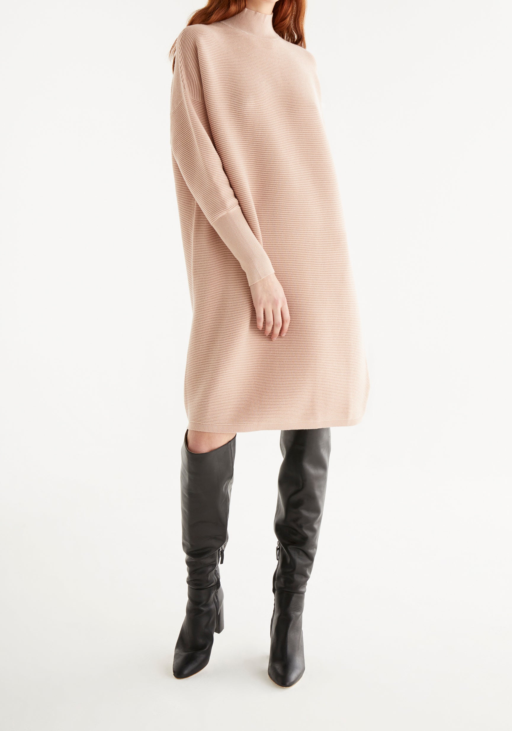 Paisie Polo Neck Ribbed Knitted Jumper Dress in Blush