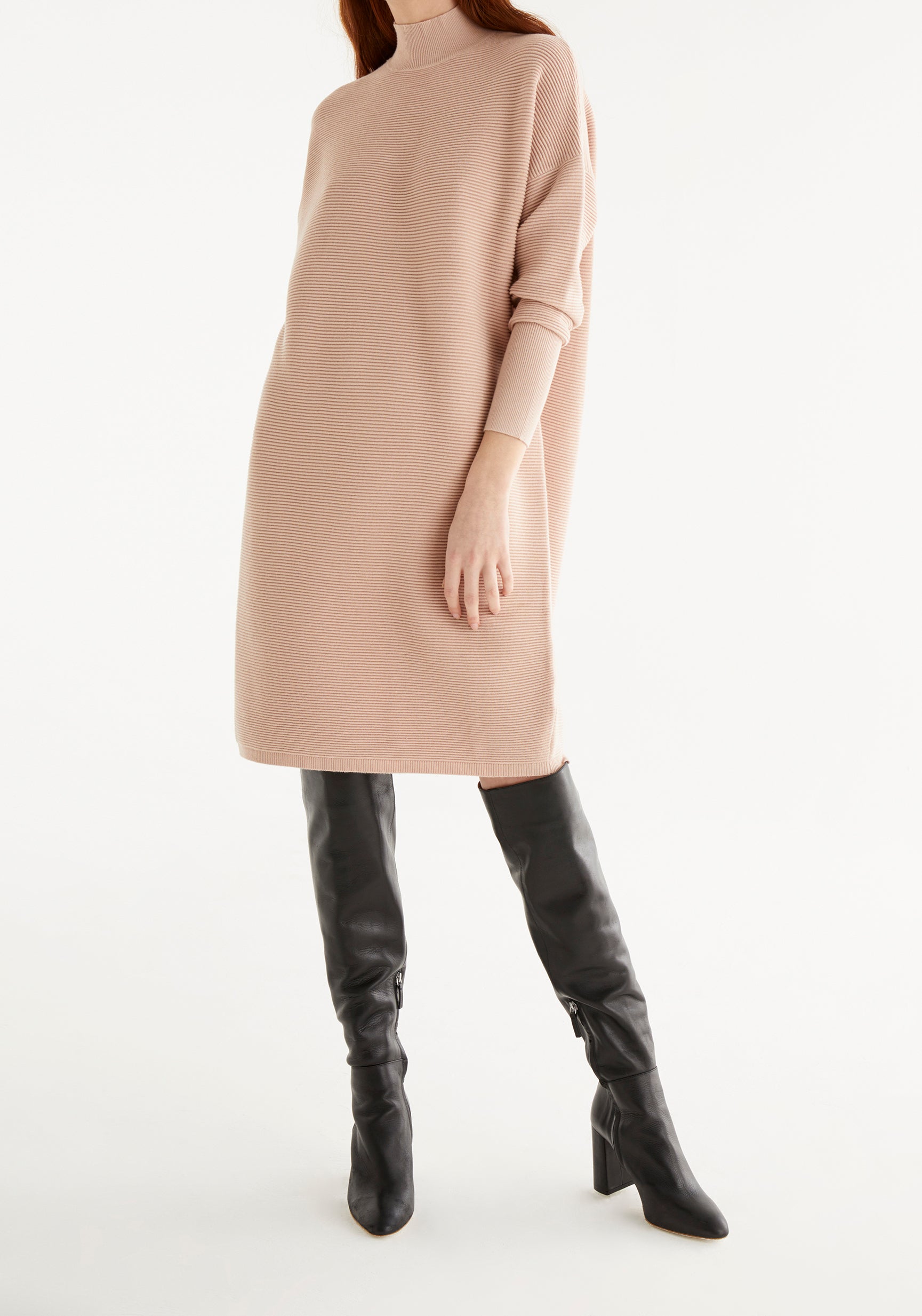 Paisie Polo Neck Ribbed Knitted Jumper Dress in Blush