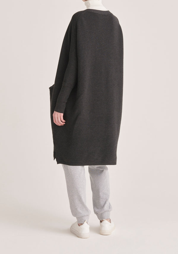 Paisie Long Ribbed Cardigan with Pockets in Dark Grey Back