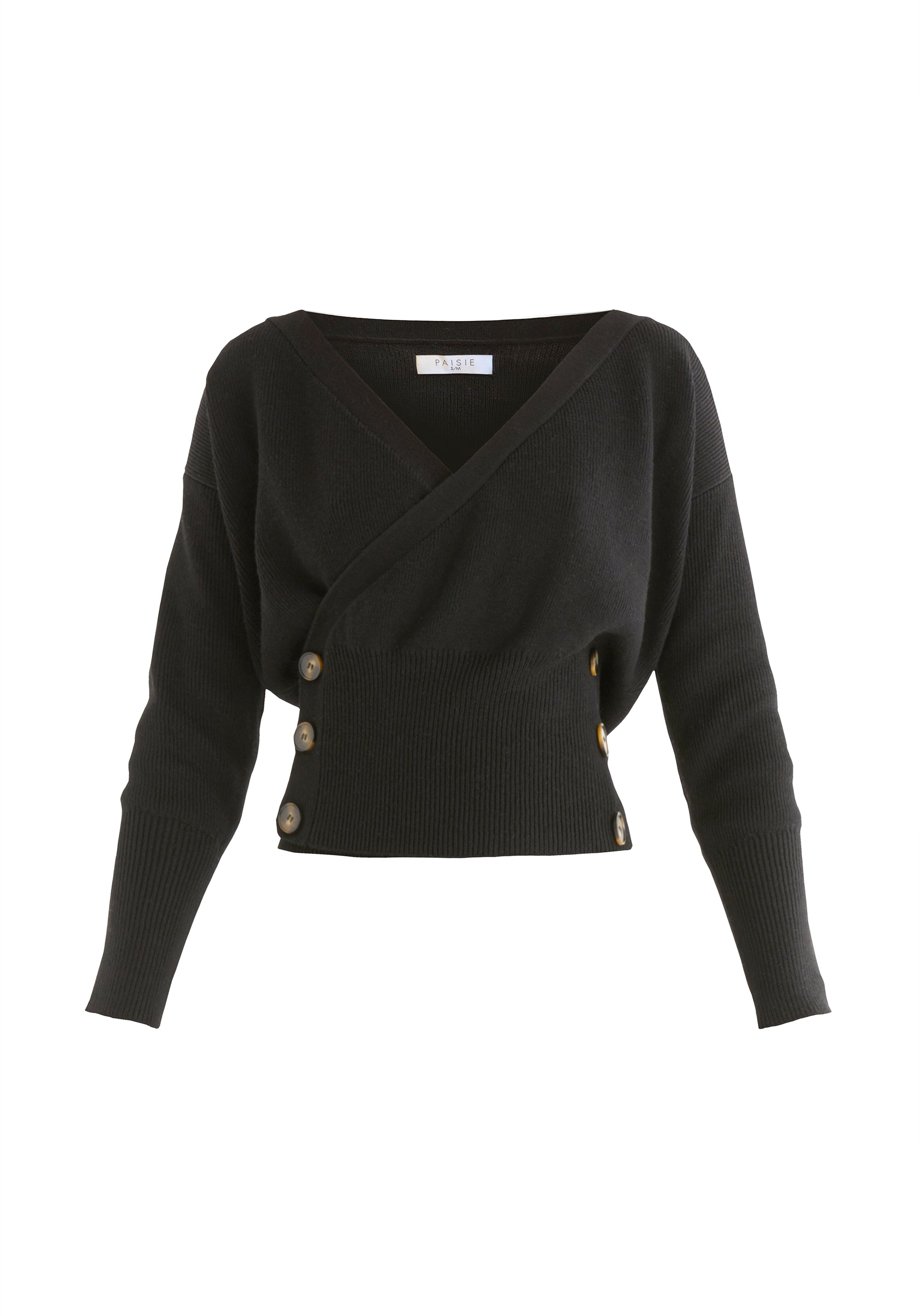 Paisie Knitted Wrap Top with Buttons in Black Cut Out