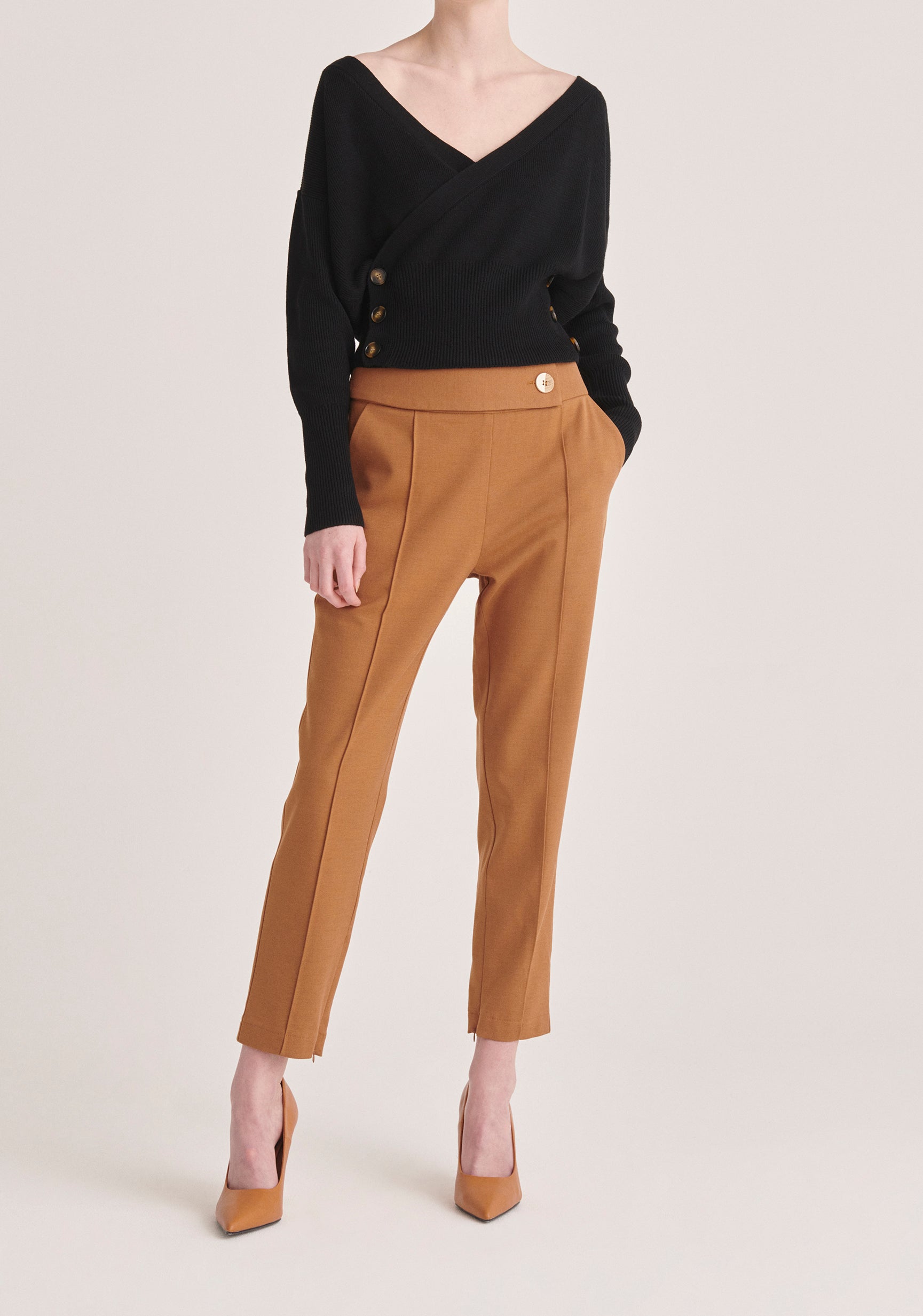 Paisie Knitted Wrap Top with Buttons in Black