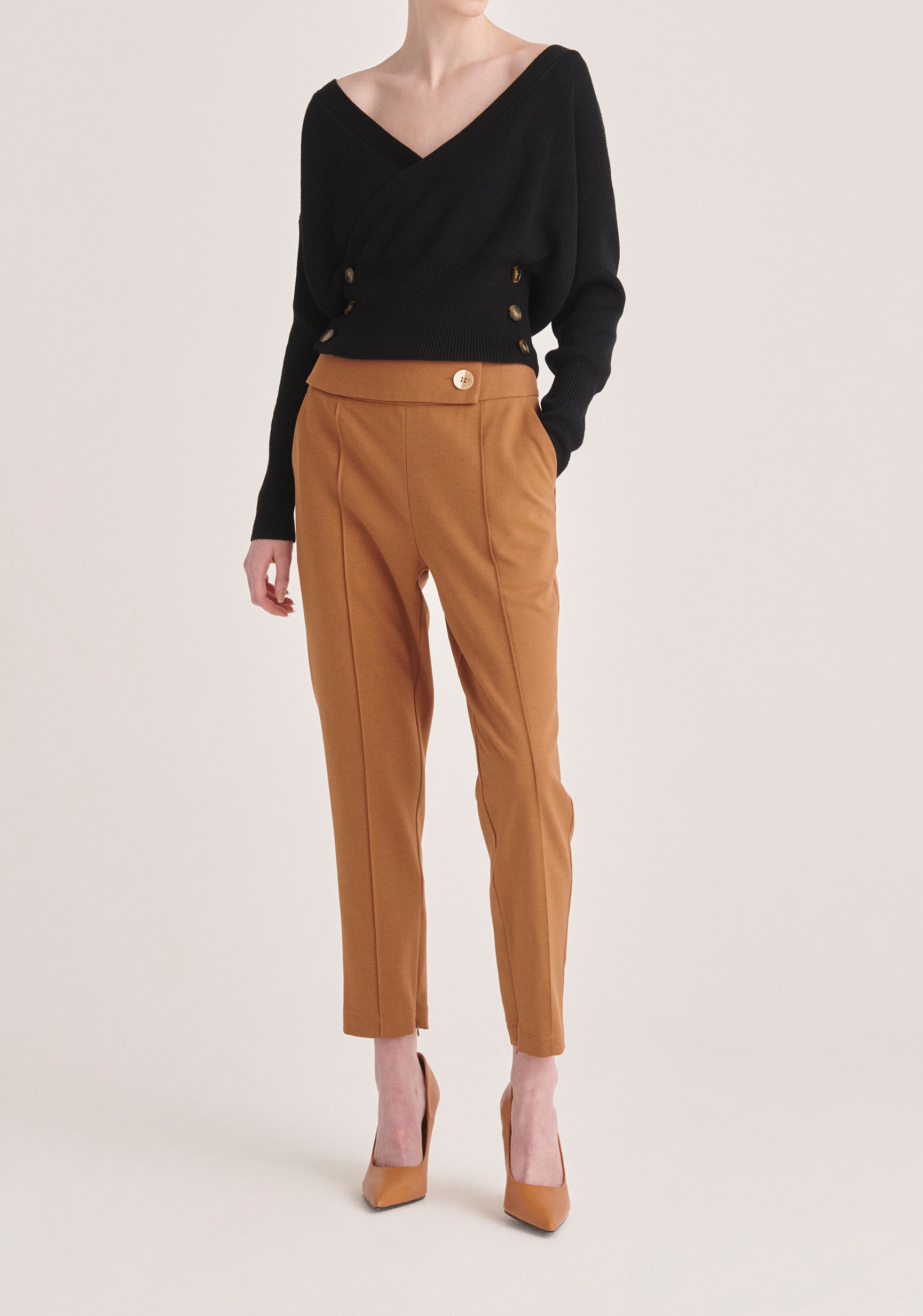 Paisie Knitted Wrap Top with Buttons in Black