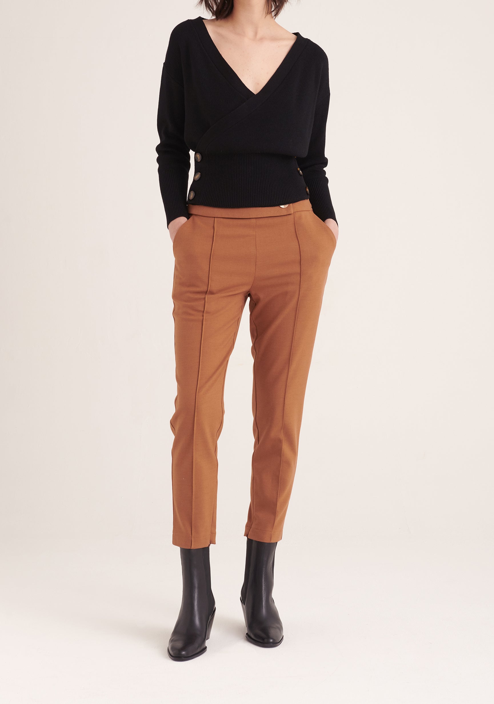 Paisie Knitted Wrap Top with Buttons in Black