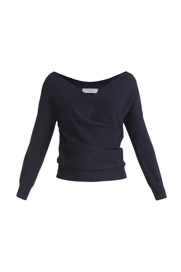 Paisie Long Sleeve Knit Wrap Top in Navy Cut Out