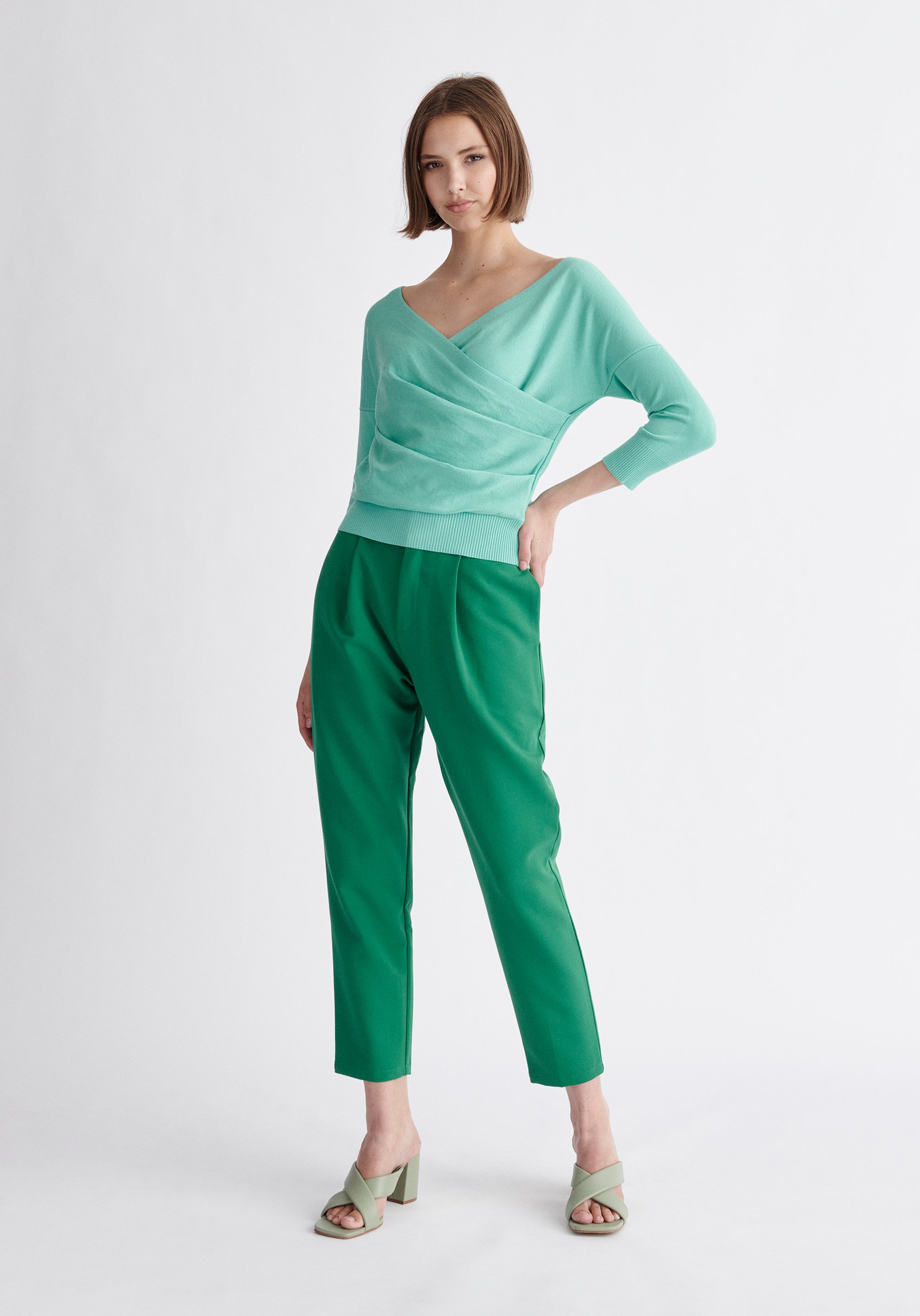 Paisie Knitted Wrap Top with 3/4 Sleeves in Mint Green