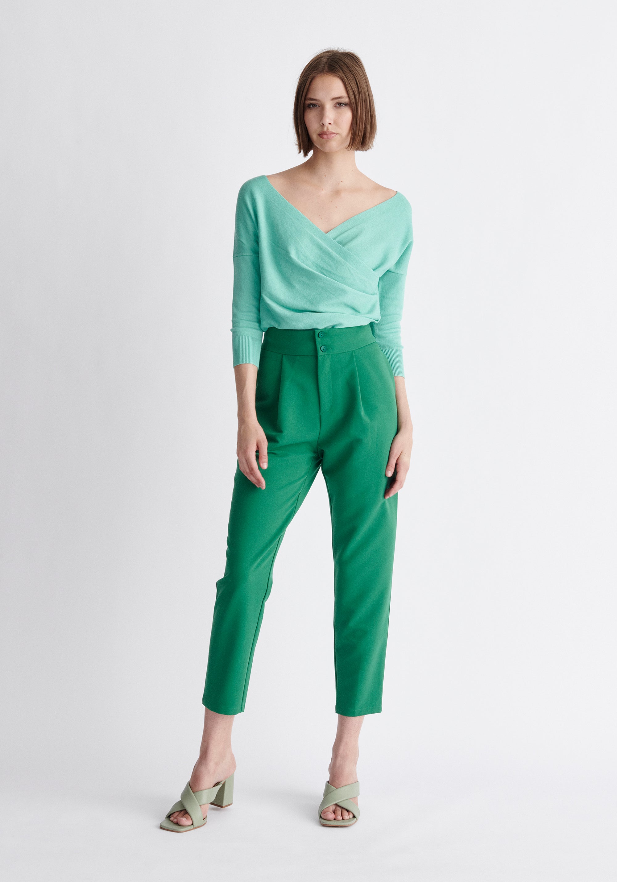 Paisie Knitted Wrap Top with 3/4 Sleeves in Mint Green