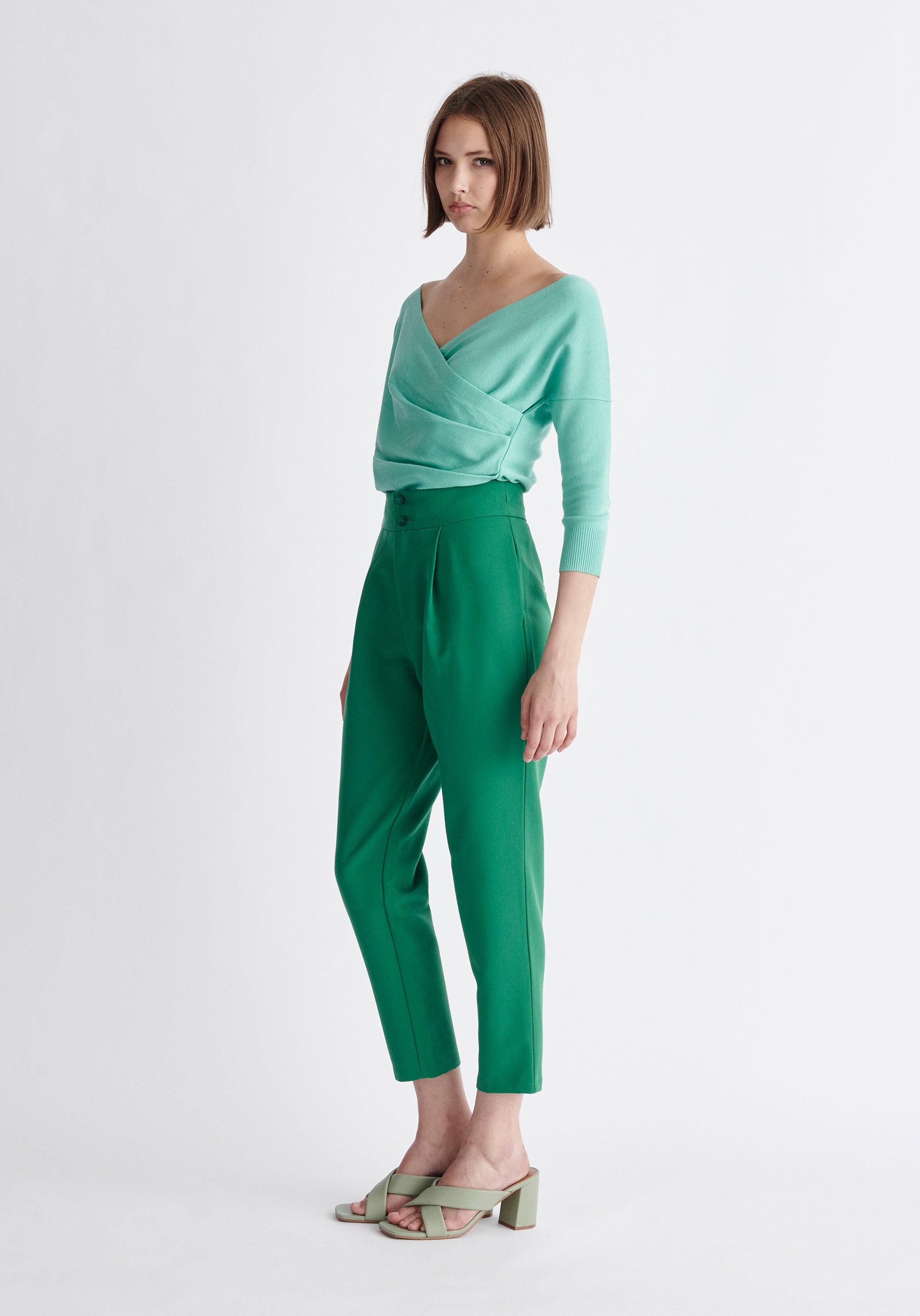 Paisie Knitted Wrap Top with 3/4 Sleeves in Mint Green