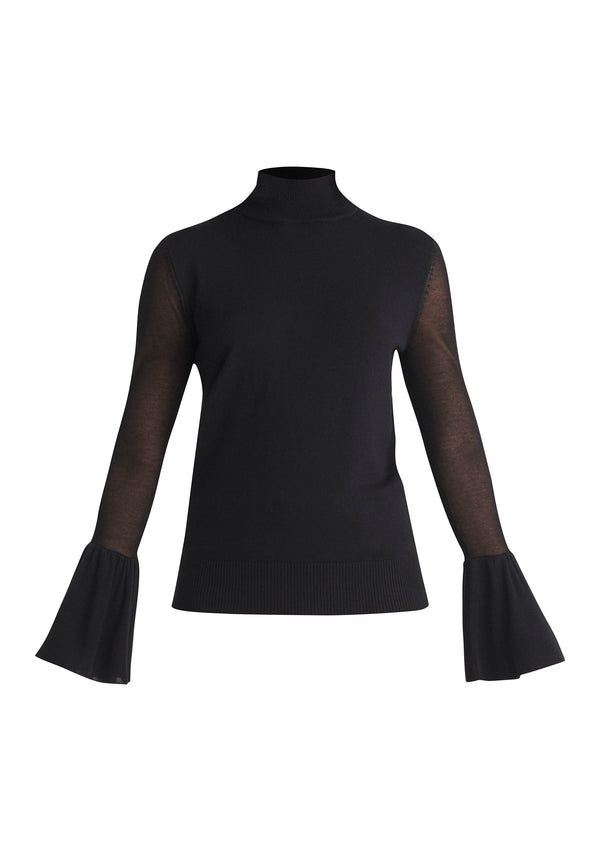 Paisie Flared Sheer Sleeve Knitted Top in Black Cut Out