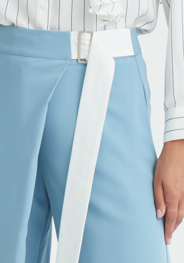 Paisie Wide Leg Wrap Trousers with Side Belt in Blue Close Up