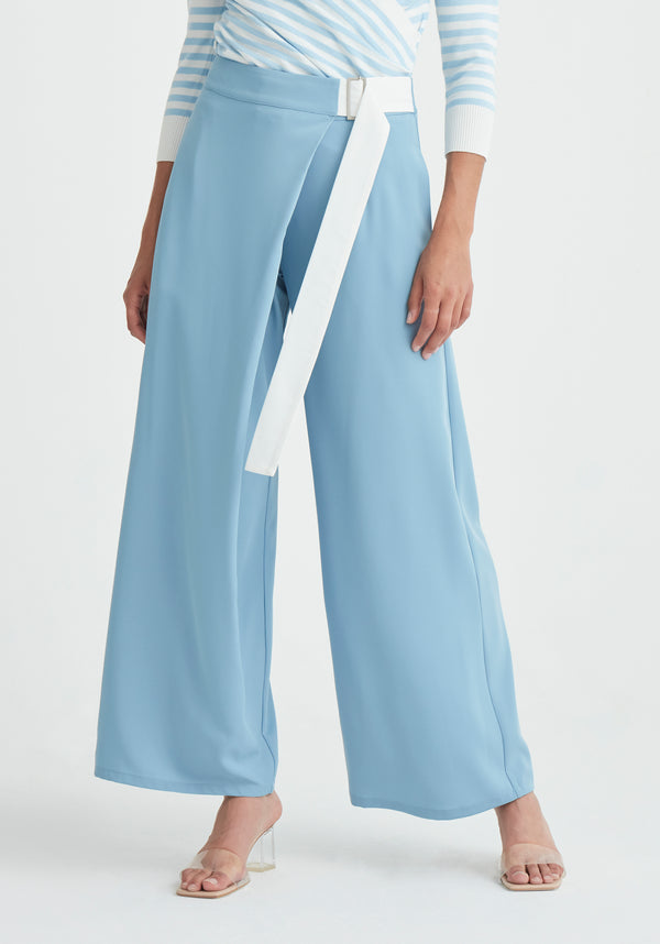 Paisie Wide Leg Wrap Trousers with Side Belt in Blue