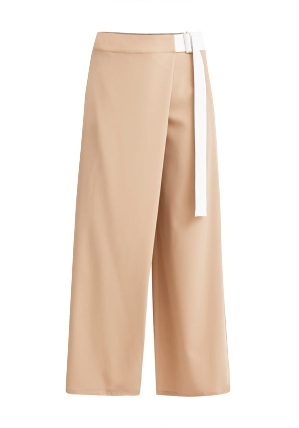 Paisie Wide Leg Wrap Trousers with Side Belt in Brown Cut Out
