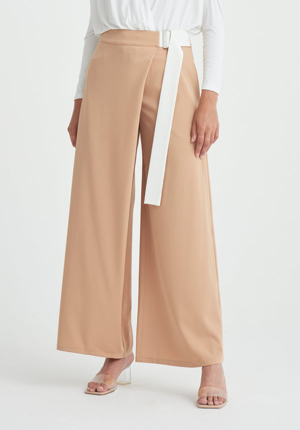 Paisie Wide Leg Wrap Trousers with Side Belt in Brown