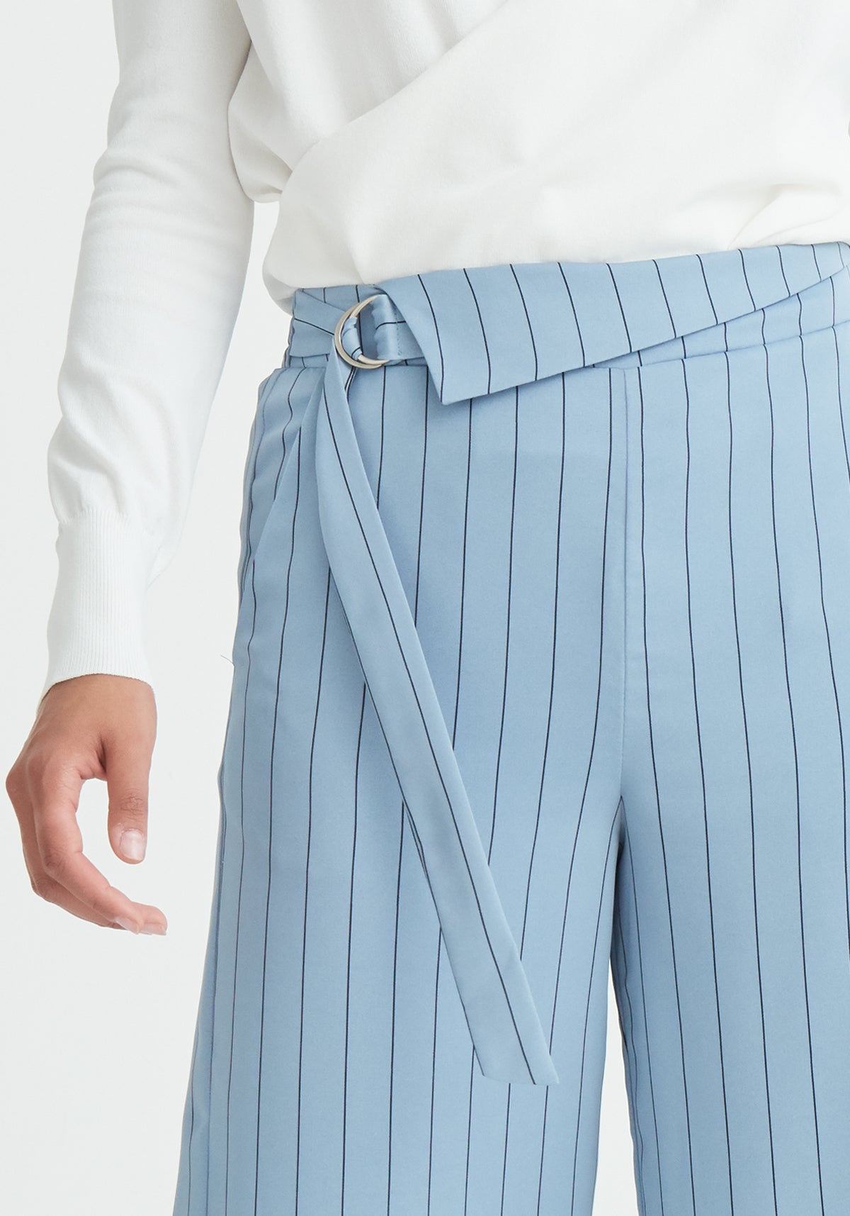 Paisie Striped Wide Leg Trousers in Blue Close Up